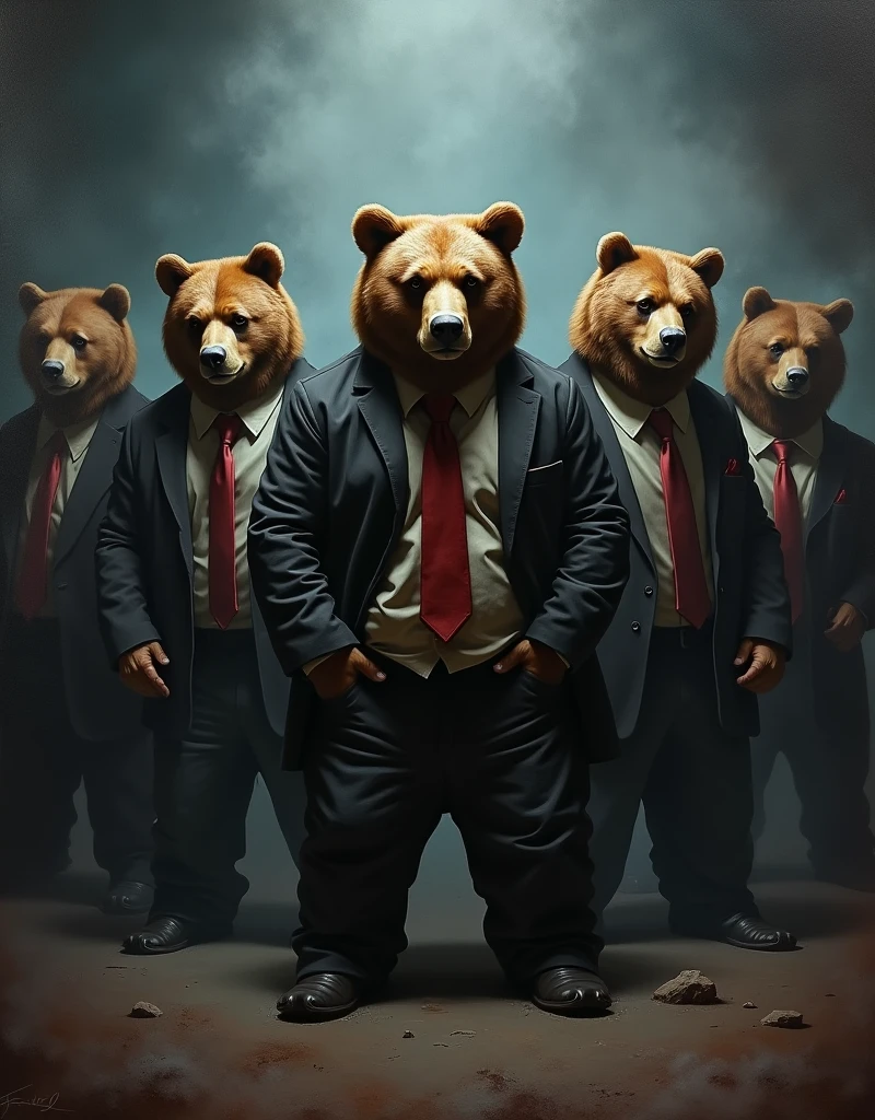 a photorealistic oil painting of a brown bear mafia family, intricate details, dramatic lighting, cinematic composition, dark moody atmosphere, smoke filled room, chiaroscuro lighting, gritty realistic textures, striking poses, intense facial expressions, sharp shadows, cold color palette, high contrast, dramatic lighting, cinematic framing