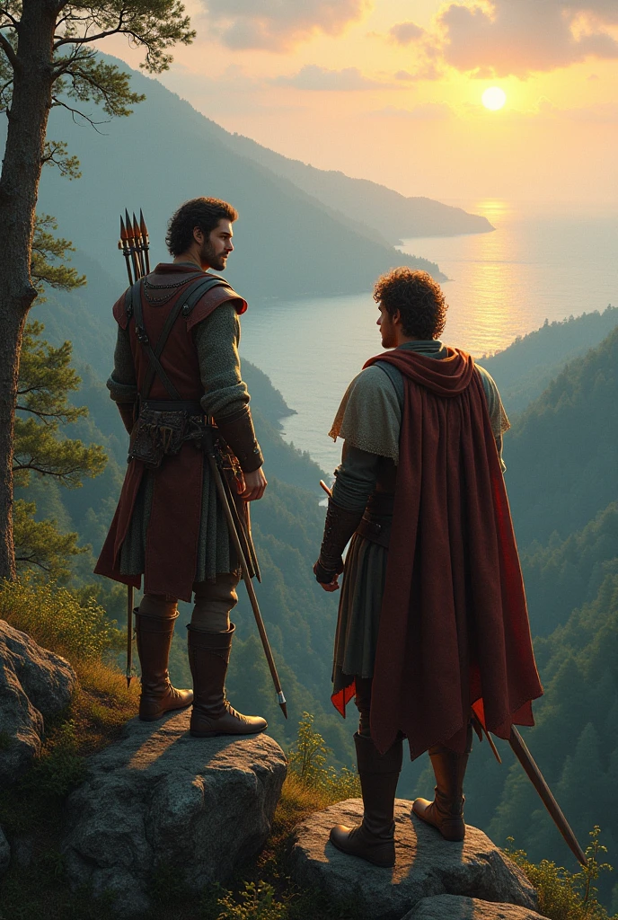 1 man, thin build, brawny, medieval adventurer costume, dark brown haired archer, curly hair falling over the forehead, Holding a bow in hand, eyes browns. 1 man, average constitution, brawny, medieval adventurer costume, warrior, Holding a sword in his hand, eyes browns. In the forest watching the sunrise on top of the mountain overlooking the sea