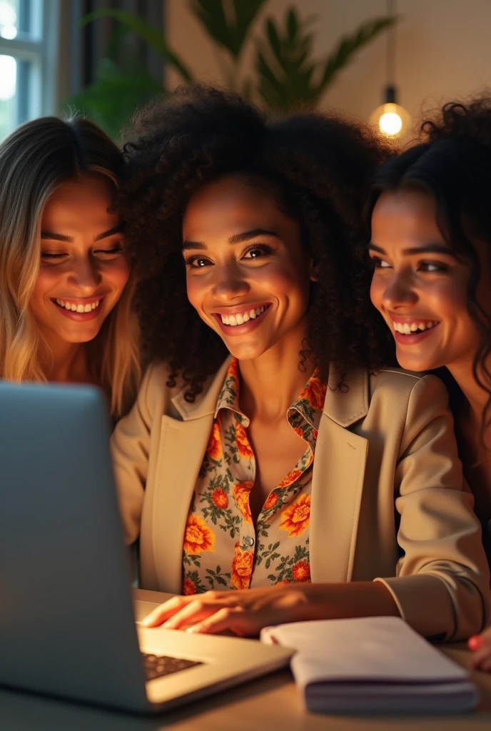 Creating the image of a Brazilian woman, shopee blouse and beige blazer, smiling at computer shopping online with 3 friends looking at computer