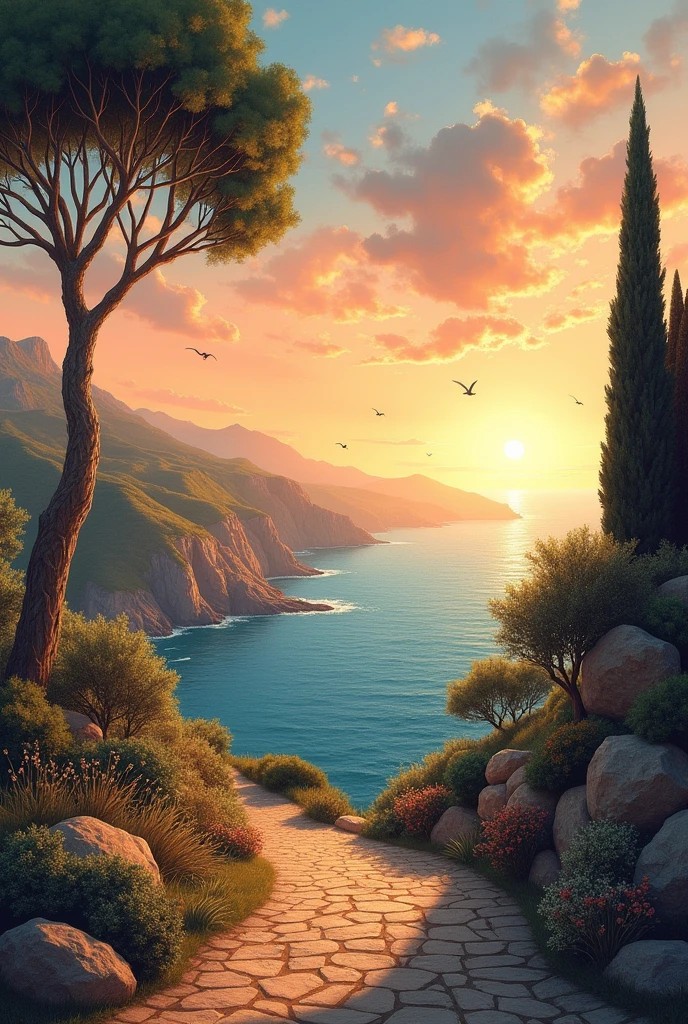 a beautiful painting, roman art style, easy to draw, easy to paint, very nice color harmony, without people, outdoor scenery, like sunsets, ocean views, very very very easy to paint, without leaves, no leaves in the painting