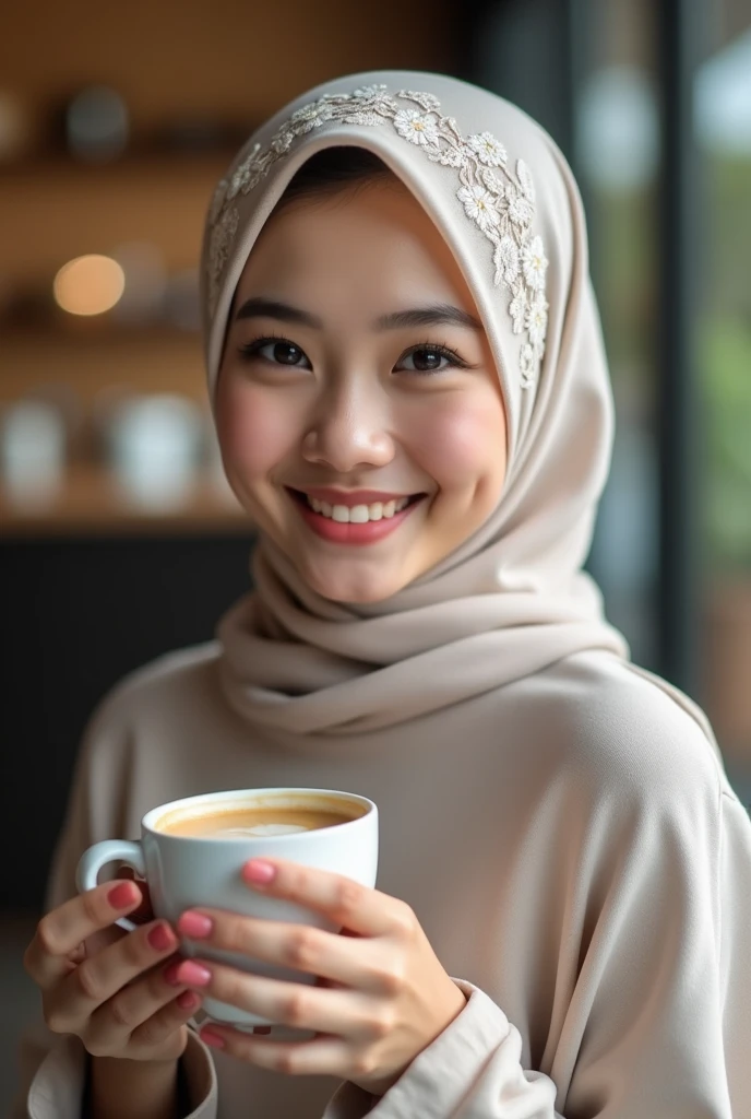 Hijab , portrait half body shoot 1:2 , holding a cup of coffee. Dominance smile. Perfect heeth.shoot by canon r6 Godox v1 Speedlite. Lace hijab. Wear minimalist flower hijab. Girl average 2. Sawo matang skin. Simple make up. Perfect hijab. Cafe background. Indonesia girl face.