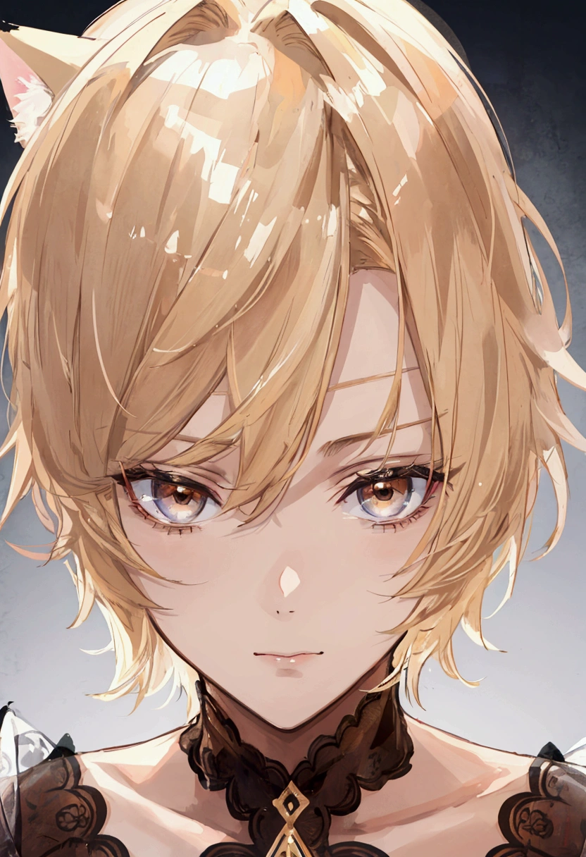 handsome male, one male, short hair, blonde hair, slim eyes, brown eyes, face close up, close up, portrait, masterpiece, cat ears