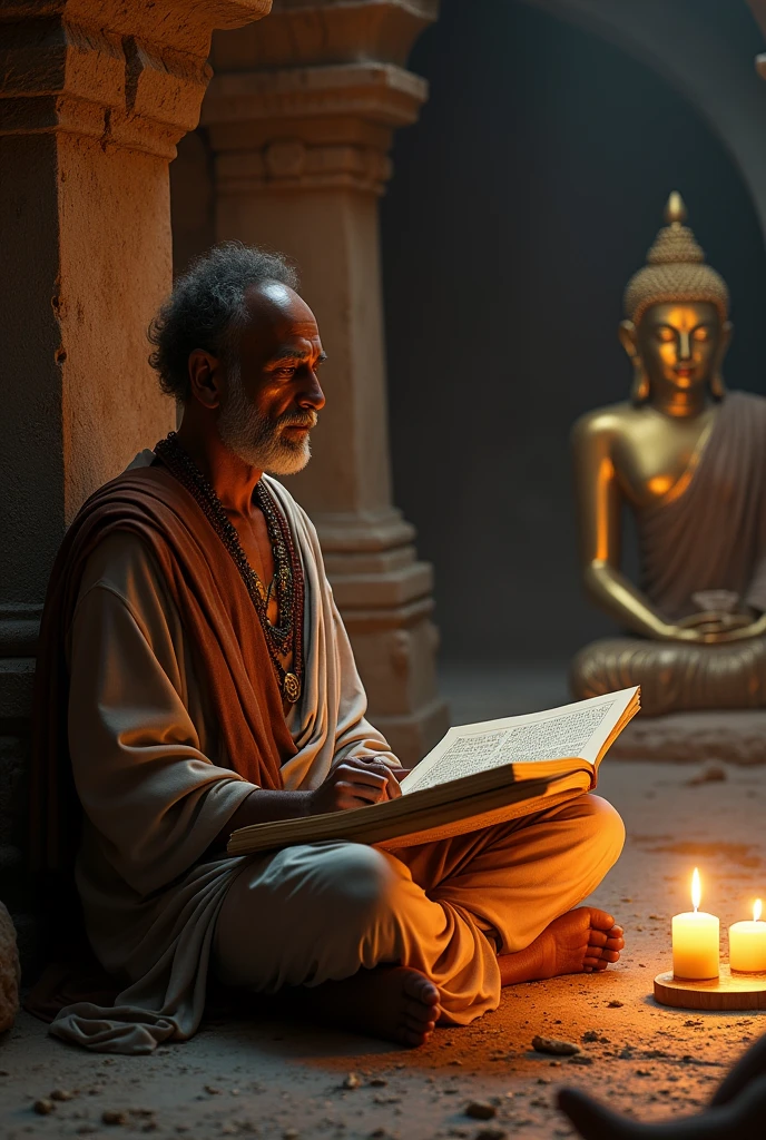 serene scene of Emperor Ashoka sitting in a cave, reading ancient scrolls or scriptures with a golden Buddha statue in the background. The atmosphere is dimly lit with flickering candles, creating a mystical and contemplative ambiance