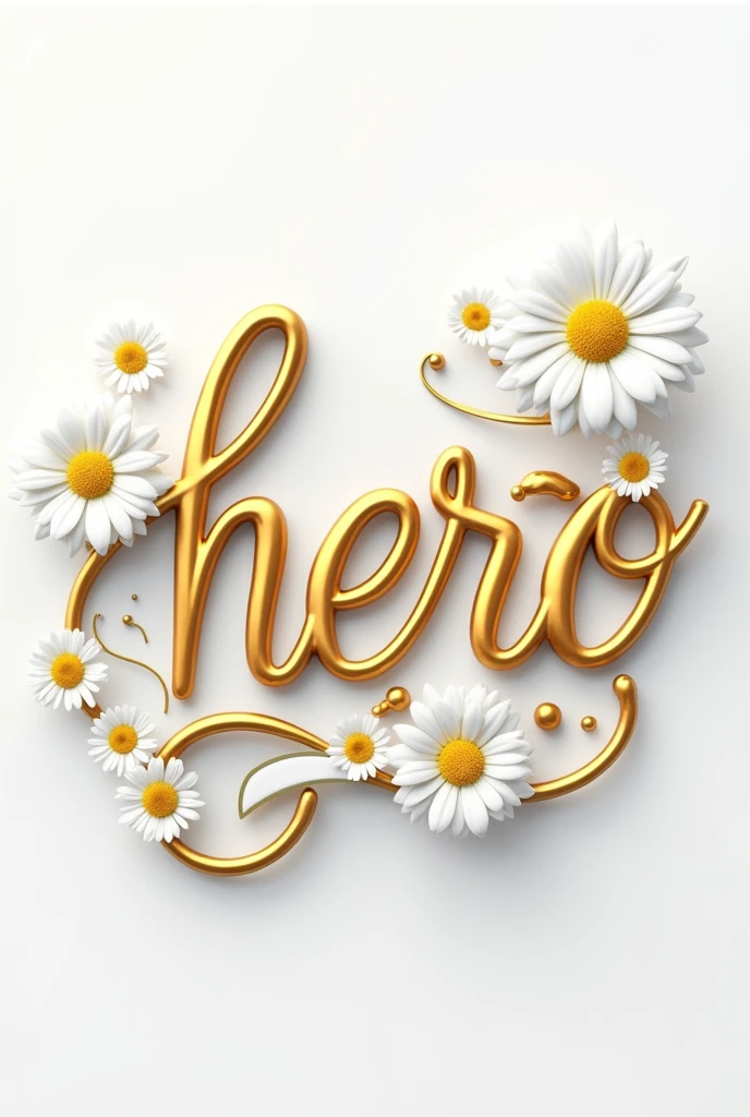A luxurious and sophisticated 3D gold render of text "herofusion" that exudes elegance and refinement. The central lettersare crafted in a stunning combination of white and gold, with intricate curved design elements,charm and elegance. Delicate daisies grace the emblem, while the pristine white background accentuates the intricate details and careful color selection. ideal for a high-end brand