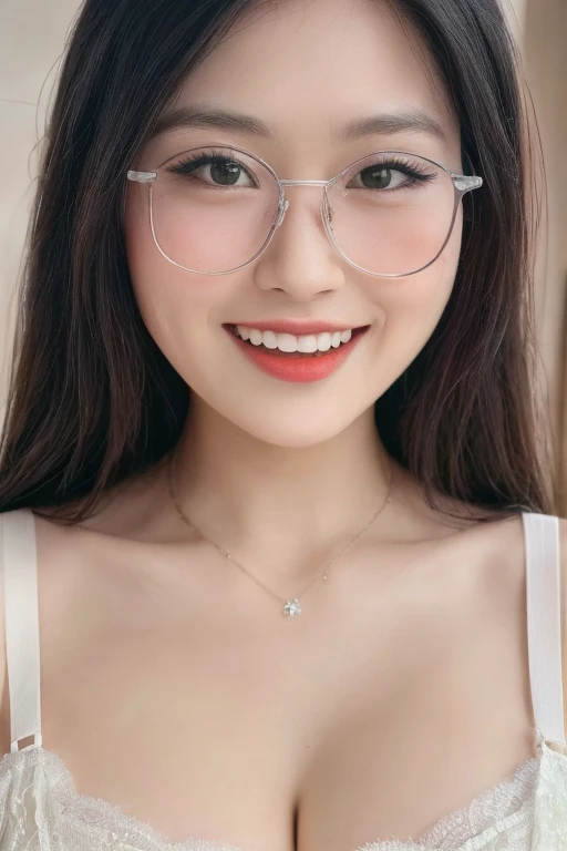 ((Top Quality, 8K, Masterpiece:1.3)), Detailed Woman:1.3,glasses,smile,(Medium long hair, gigantic Breasts:1.2), Camisole:1.1, Ultra Detailed, Detailed, Eyelids