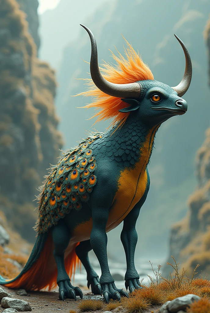 Create a fictional animal with iguana legs, penguin body, peacock tail, with an eagle&#39;s beak in a bull&#39;s head