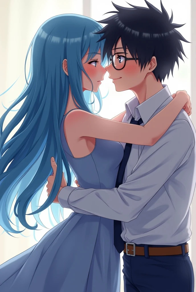 Image of anime girl with long blue hair making love with an anime boy with glasses and black hair. nudes.