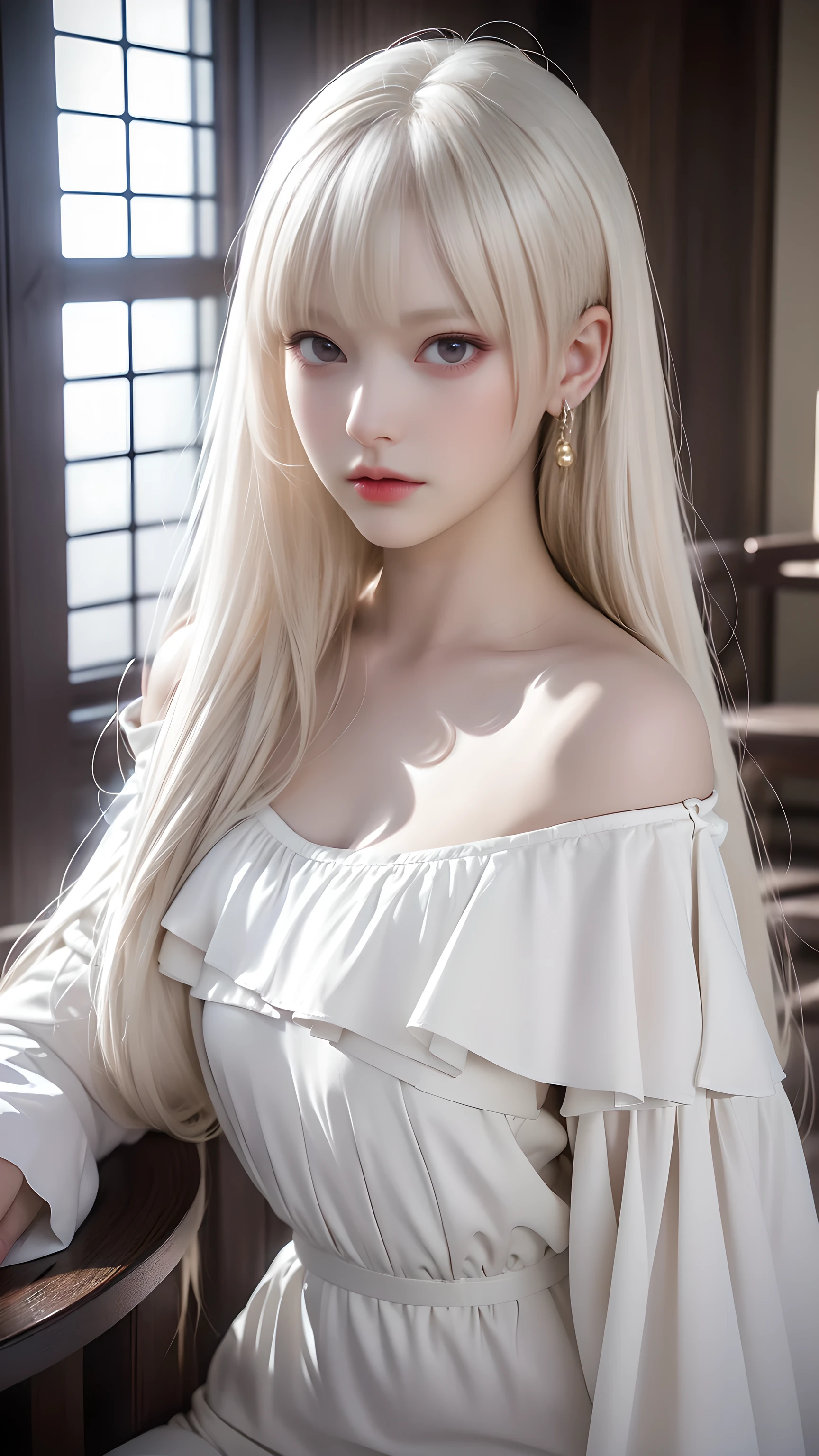 ((girl sitting on a chair in the library))、(Rear view)、(look back)、best quality works、practical work、Super premium graphics card、8KHD CG works、High-quality graphics、HD CG works、10x pixel、Extremely fine details:1.1、Advanced technical details:1.1 Photo realistic、Indoor Lighting Effects:1.5、Natural light:1.5。Lighting Effects(Virtual Lighting Effects:1.8)、(((Straight truck、Princess Fan))、(((Very heavy、Curly bangs:1.1))、((very long、Very heavy、Very curly side lock:1. 1))、Ji Qie、Straight bangs、Ugly bangs for round face、Ugly long bangs、Bangs straight、(masterpiece、best quality:1. 5)、(Super Fine 8K CG:1.4)、(surreal:1.25)、(real:1.4)、((Golden-white hair))、Sparse eyebrows、high nose、Beautiful red lips、Rosy Cheeks、Face with light makeup、Cute face、Perfectly balanced face、()、Light-colored foundation can enhance the transparency of the skin.、、((Off-the-shoulder white mini dress))。40,000、photo、On the table、best quality、rain background、((1 Girl with beautiful eyes and light hair、 White skin、gentlemen.々A posture。((Medium sized breasts、:1.1))、best quality、On the table、Ultra-high resolution、(realistic:1.4)、RAWphoto、(Perfect body)、(Slim:1.3)、Thin belly、Perfect Slim figure、Dynamic poses、Solitary、Cold light 12000K、Very detailed face and skin texture、detailed、realistic eyes、Beautifuldetailed、(real skin)、charm、Ultra-high resolution、surreal主义、Very detailed、
