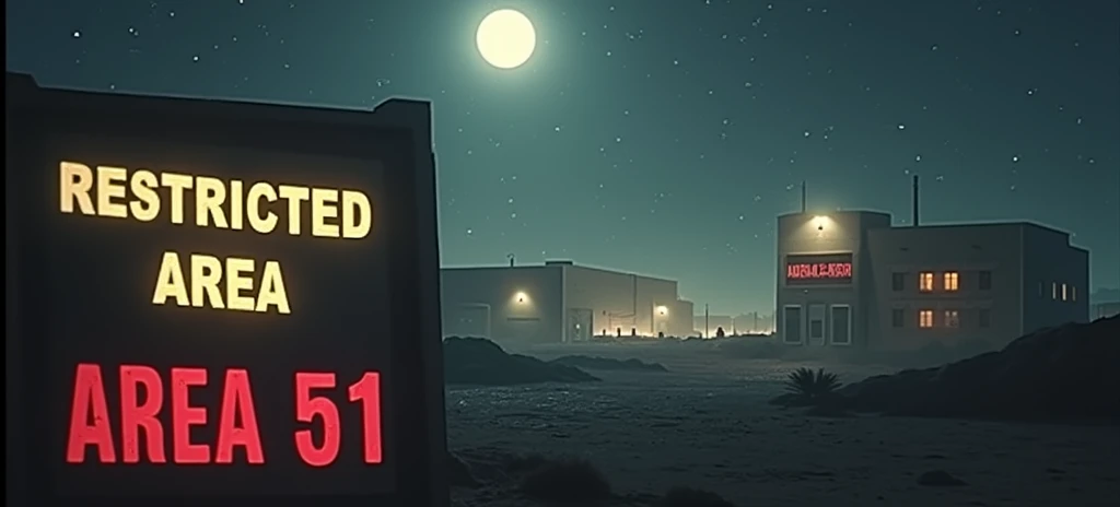 fund: A nighttime image of Area 51, with a starry sky and a soft light coming from the base, which will be partially covered by shadows. Central Element: A large Area 51 warning sign, indicating "Access Prohibited" ou "Restricted area", slightly illuminated by a mysterious light, suggesting something secret going on beyond her. Additional Detail: in the sky, signs of strange lights or a subtle silhouette of an alien ship may be included, but discreetly, leaving the mystery in the air. texto: The title of the video highlighted with a font that evokes military style or mystery, with contrasting colors, like white or yellow, to stand out against the dark background.