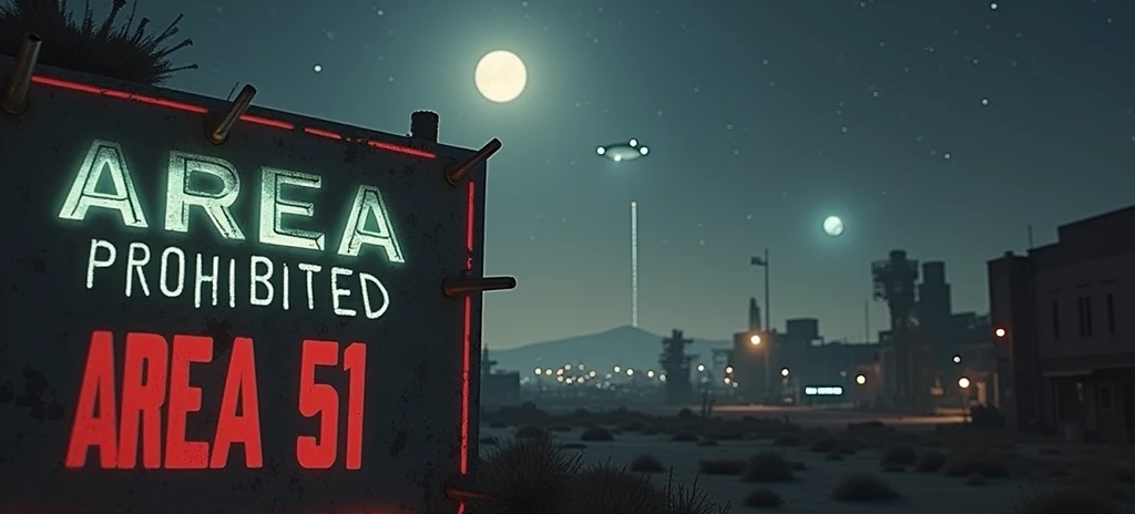 fund: A nighttime image of Area 51, with a starry sky and a soft light coming from the base, which will be partially covered by shadows. Central Element: A large Area 51 warning sign, indicating "Access Prohibited" ou "Restricted area", slightly illuminated by a mysterious light, suggesting something secret going on beyond her. Additional Detail: in the sky, signs of strange lights or a subtle silhouette of an alien ship may be included, but discreetly, leaving the mystery in the air. texto: The title of the video highlighted with a font that evokes military style or mystery, with contrasting colors, like white or yellow, to stand out against the dark background.