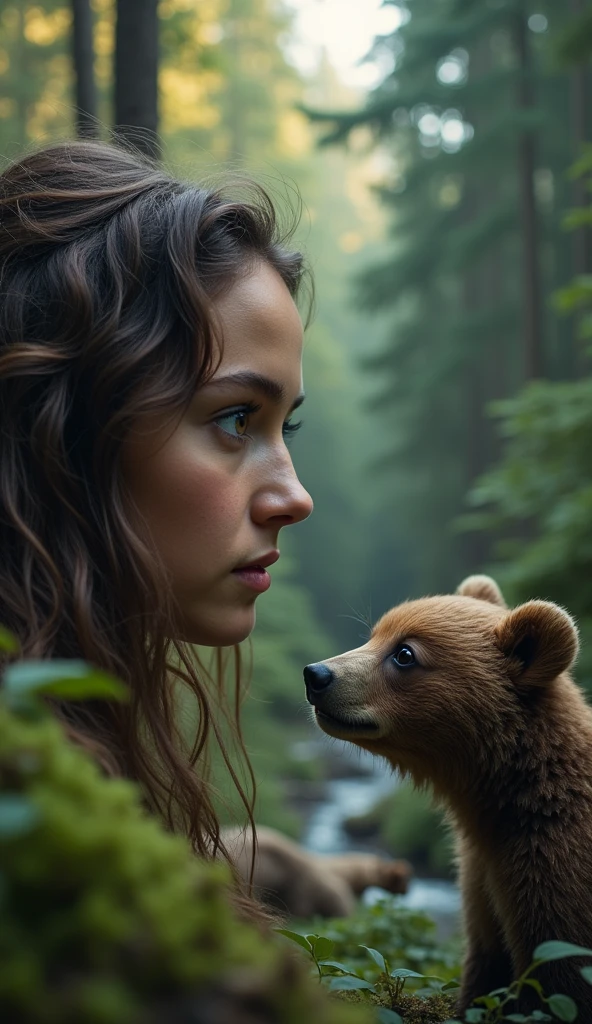 a , surprised by a mother bear and her cub in the wild forest, beautiful detailed eyes, beautiful detailed lips, extremely detailed eyes and face, long eyelashes, realistic, photorealistic, photo-realistic:1.37, 4k, 8k, highres, masterpiece:1.2, ultra-detailed, realistic lighting, vivid colors, atmospheric, cinematic, dramatic, natural environment, forest, trees, bushes, grass, rocks, river, overcast sky, depth of field, beautiful detailed texture, intricate details