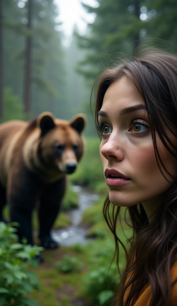 a , surprised by a mother bear and her cub in the wild forest, beautiful detailed eyes, beautiful detailed lips, extremely detailed eyes and face, long eyelashes, realistic, photorealistic, photo-realistic:1.37, 4k, 8k, highres, masterpiece:1.2, ultra-detailed, realistic lighting, vivid colors, atmospheric, cinematic, dramatic, natural environment, forest, trees, bushes, grass, rocks, river, overcast sky, depth of field, beautiful detailed texture, intricate details