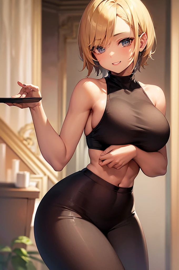 ((masterpiece,best quality)) joyful eyes, perfect face, one girl, short blonde hair. Slim and toned body, but curvy at right places, H-cup breasts, amber eyes, (((wide shoulder))), [round ass], [thick and muscled thighs], wears yoga pants and top tank black, ((toned abs)), (tanned skin bright) and wide smile at viewer in a living room sfw