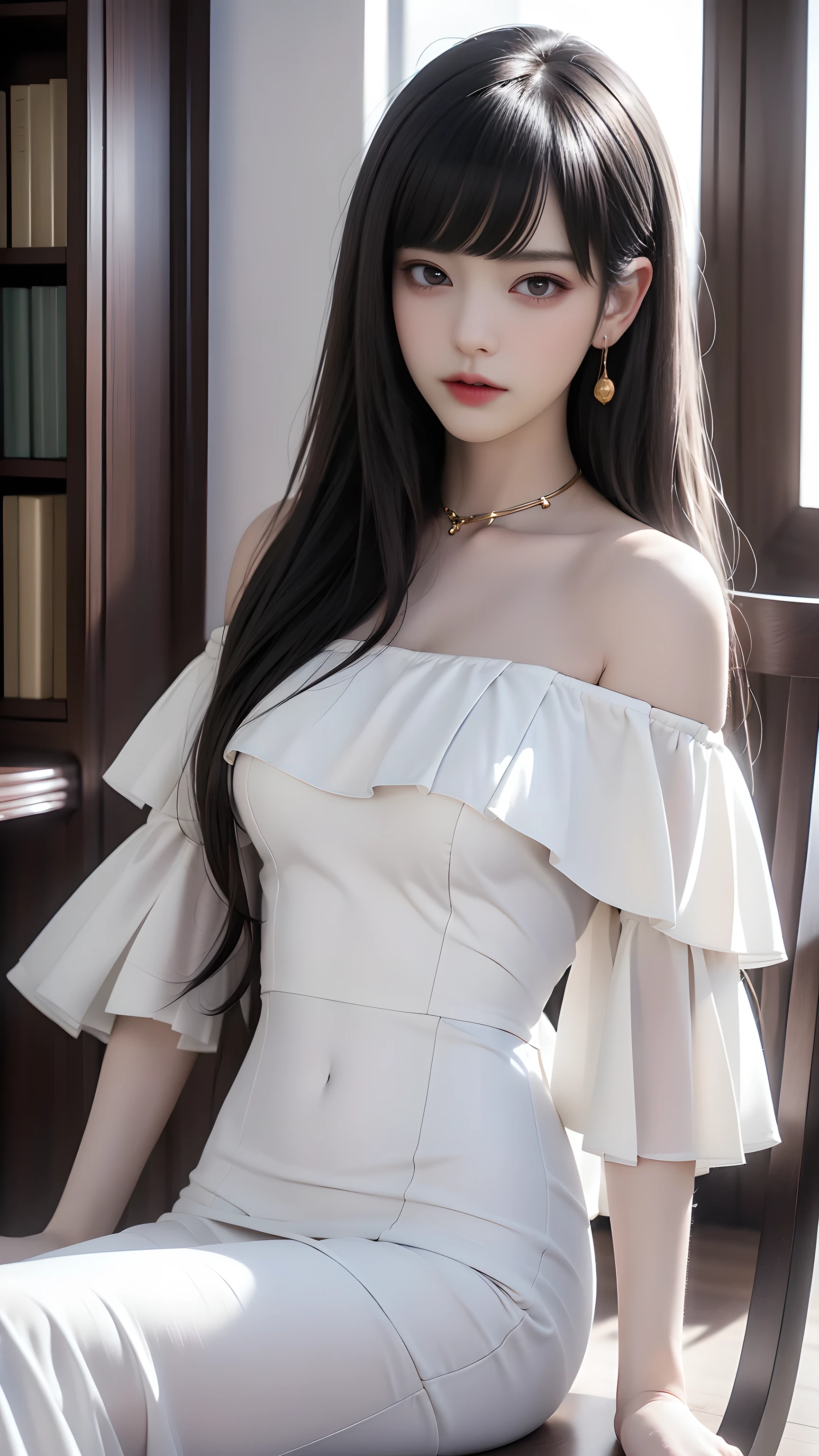 ((girl sitting on a chair in the library))、(Rear view)、(look back)、best quality works、practical work、Super premium graphics card、8KHD CG works、High-quality graphics、HD CG works、10x pixel、Extremely fine details:1.1、Advanced technical details:1.1 Photo realistic、Indoor Lighting Effects:1.5、Natural light:1.5。Lighting Effects(Virtual Lighting Effects:1.8)、(((Straight truck、Princess Fan))、(((Very heavy、Curly bangs:1.1))、((very long、Very heavy、Very curly side lock:1. 1))、Ji Qie、Straight bangs、Ugly bangs for round face、Ugly long bangs、Bangs straight、(masterpiece、best quality:1. 5)、(Super Fine 8K CG:1.4)、(surreal:1.25)、(real:1.4)、((Golden-white hair))、Sparse eyebrows、high nose、Beautiful red lips、Rosy Cheeks、Face with light makeup、Cute face、Perfectly balanced face、()、Light-colored foundation can enhance the transparency of the skin.、、((Off-the-shoulder white mini dress))。40,000、photo、On the table、best quality、rain background、((1 Girl with beautiful eyes and light hair、 White skin、gentlemen.々A posture。((Medium sized breasts、:1.1))、best quality、On the table、Ultra-high resolution、(realistic:1.4)、RAWphoto、(Perfect body)、(Slim:1.3)、Thin belly、Perfect Slim figure、Dynamic poses、Solitary、Cold light 12000K、Very detailed face and skin texture、detailed、realistic eyes、Beautifuldetailed、(real skin)、charm、Ultra-high resolution、surreal主义、Very detailed、