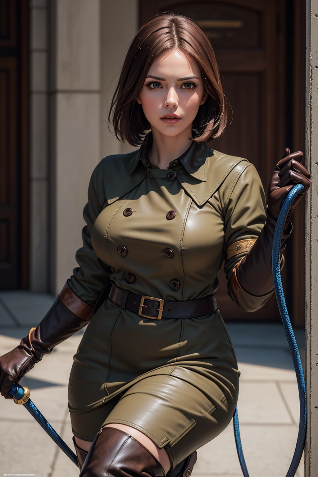 (Best image quality, highest quality, Highest Resolution, Ultra-Realistic Images, Very detailed, masterpiece, 8k), One Woman, Brown medium hair, beige Khaki military uniform, Leather gloves, Leather boots, ((With a blue whip)), big Breasts, blush, serious look, Dynamic pose, Browsing Caution, half body, perfect face