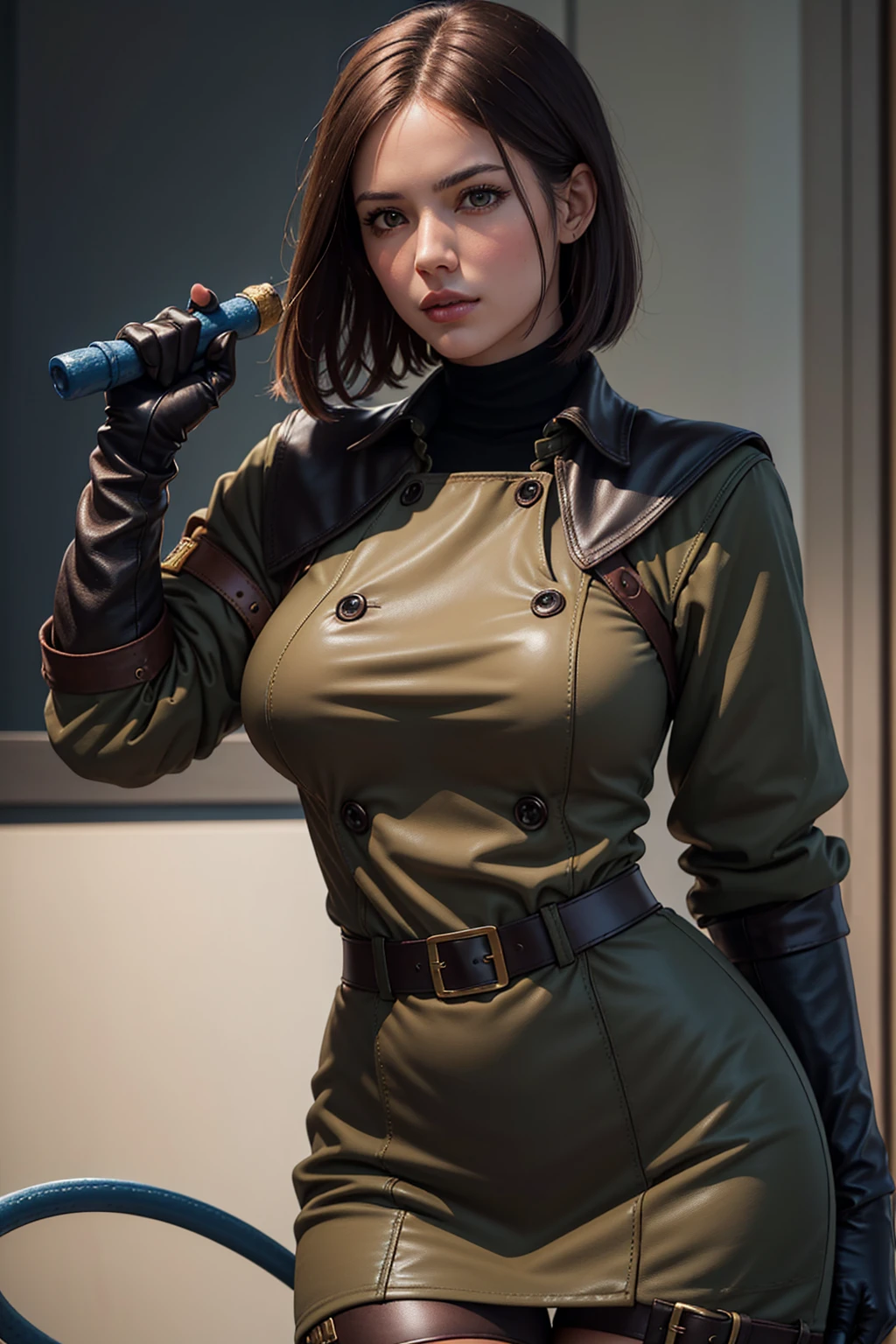 (Best image quality, highest quality, Highest Resolution, Ultra-Realistic Images, Very detailed, masterpiece, 8k), One Woman, Brown medium hair, beige Khaki military uniform, Leather gloves, Leather boots, ((With a blue whip)), big Breasts, blush, serious look, Dynamic pose, Browsing Caution, half body, perfect face