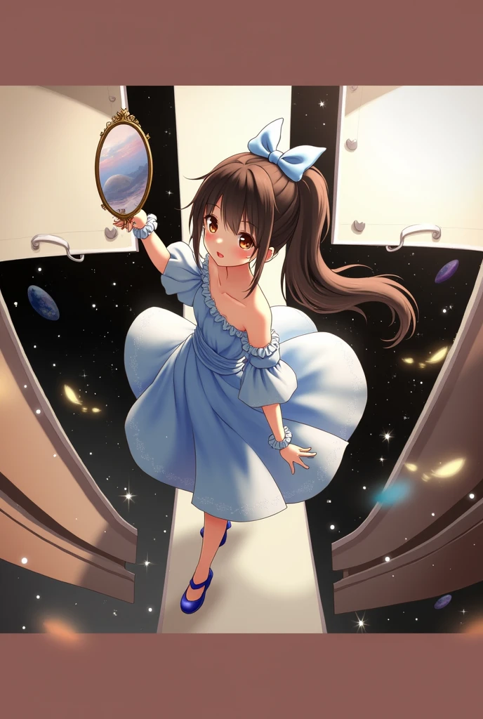 anime girl in a blue dress holding a mirror in her hand floating in space with stars, 1girl, solo, long hair, open mouth, black hair, dress, bow, holding, bare shoulders, brown eyes, ponytail, hair bow, frills, detached sleeves, sky, shoes, cape, white dress, blue bow, forehead, blue footwear, space, planet, earth \(planet\), anime style, from girls frontline, fine details. girls frontline, girls frontline universe, girls frontline style, girls frontline, girls frontline cg, soft anime illustration, 2 0 2 2 anime style, 2022 anime style, pixiv contest winner, pretty anime character design, render of april