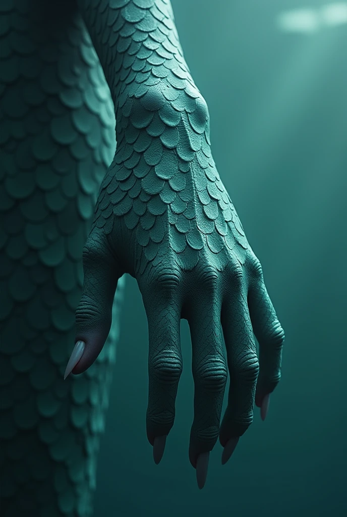 Female's hand is slightly streched and scales grow instead of skin. Color does not change. Hand also is used for swimming and long, rounded up fingernails.