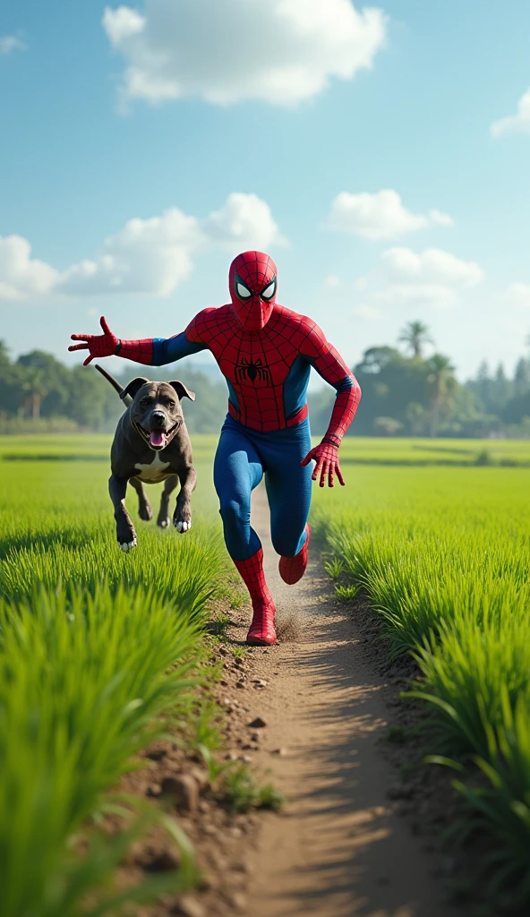 A highly realistic and comically exaggerated scene set near a rice field in a rural area. Spiderman, in his red and blue suit, is seen sprinting away in sheer panic, his arms and legs flailing wildly as he runs, terrified, from a determined Pitbull chasing him. The Pitbull is close behind, with its strong, muscular build and focused expression, adding to the humor of the situation. Spiderman’s exaggerated expression of fear, with wide eyes and a comical, open-mouthed scream, enhances the hilarity of the moment. The setting includes vibrant green rice paddies, a few scattered trees, and a clear blue sky, contrasting sharply with Spiderman's usual heroic demeanor. The scene captures the chaotic and funny moment perfectly.