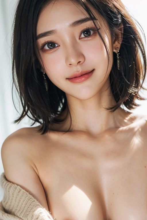 (2 pure Japanese girl,), (Small breasts:1.5,),(solo,,Textured skin, Detailed skin,Detailed face,Detailed eyes,detailed posing,Natural eyebrows,Sparkling Eyes,High detail, Highest quality, Super detailed, Surrealism, ,8k,RAW Photos,Photographicism,Professional Lighting,Ray Tracing,Portrait Photography,Soft Light),((Black Hair, Natural Makeup,Simple earrings, Bob Hair,smiling)),(((Sweater with heart-shaped hole on chest,Upper body composition)))