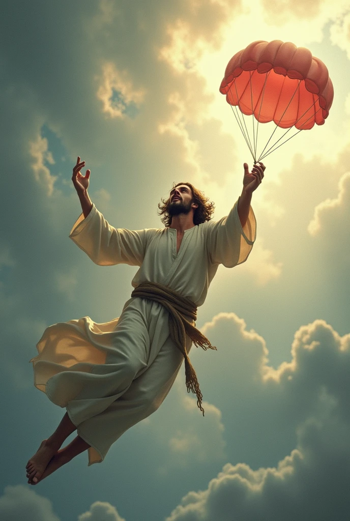 man falling from the sky and jesus reaching out trying to give the man a parachute, but man ignores Jesus' help