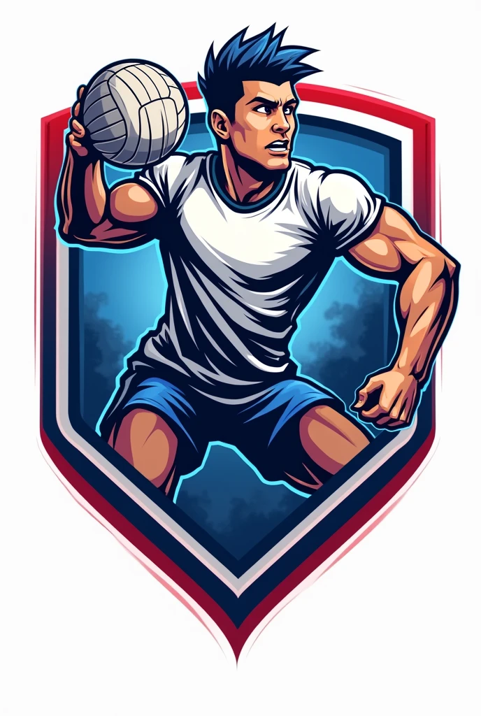 Volleyball logo and shield in BLUE WHITE RED colors, mesh ball male volleyball player LLANE RO S