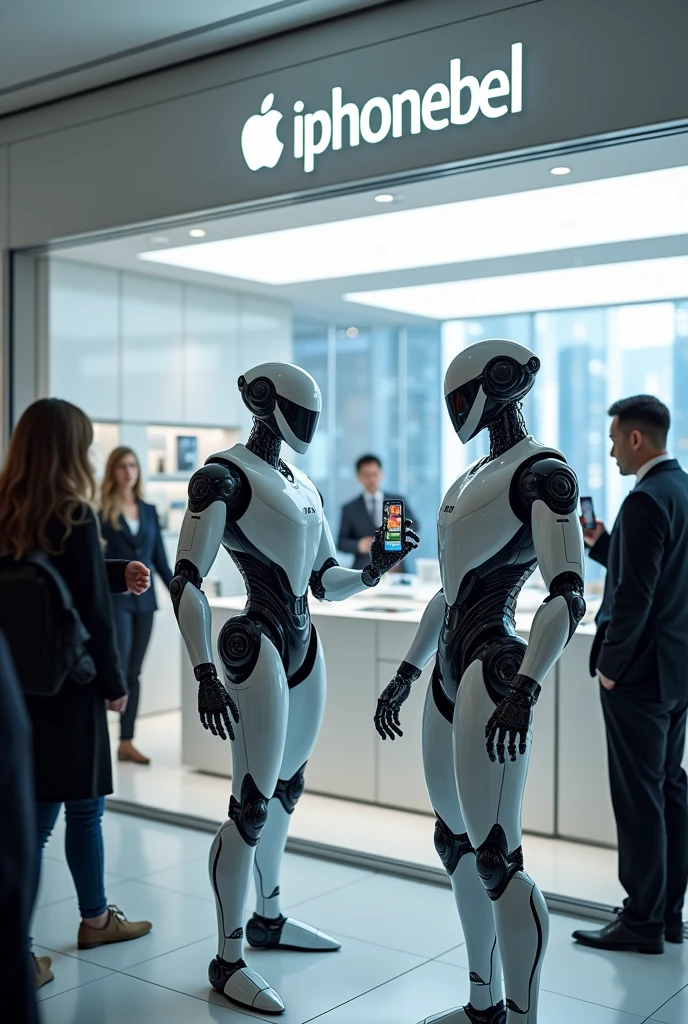 Create image of the future meta verse robots selling Apple iPhone with the “iphonebel” store logo to thank their customers