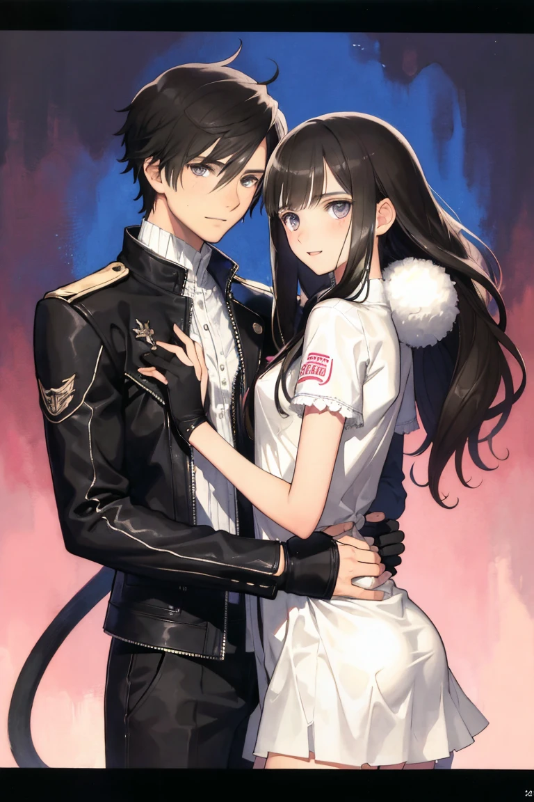 man and woman, couple, love, mature, a cat woman, she has freckles, she has dark brown eyes and an upturned nose, she is happy and smiling, she has long wavy hair, black hair, she is wearing aviator sunglasses with clear lenses in a soft watercolor style. The girl's clothes must be pink, purple, and blue in celebration of the bisexual, with stains of ink and watercolor mixing and filling the scene. he has blonde hair, he is handsome, he is slim. There should be a subtle, nuanced change in colors using the impasto technique with gouache paint. There should be a light rain in the watercolor painting with a little watercolor paper texture and a pastel background.