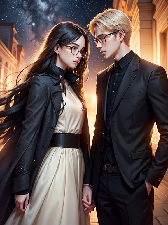 Romance book cover, with the name Flow of time silhouette of a young adult couple Tall blond boy, wears glasses girl has long black hair and she wears glasses Background with universe depicting time
