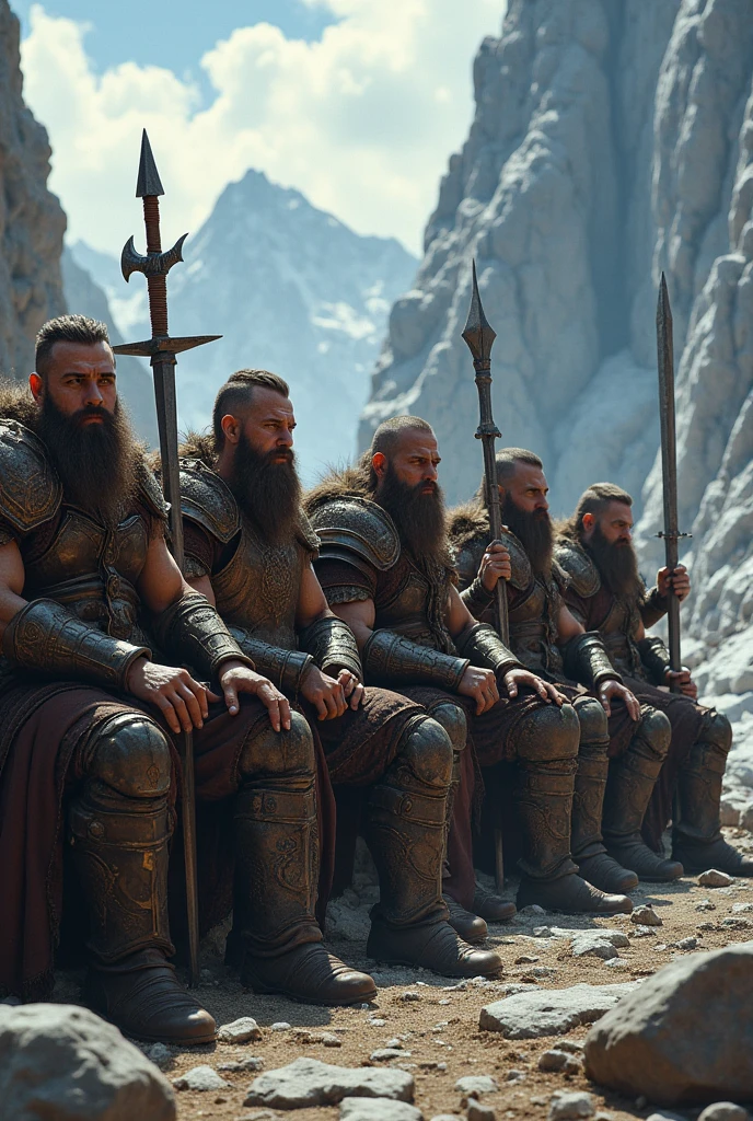 Create a Clan of dwarven mercenaries sitting in a diagonal line with their Nordic weapons and armor RPG game