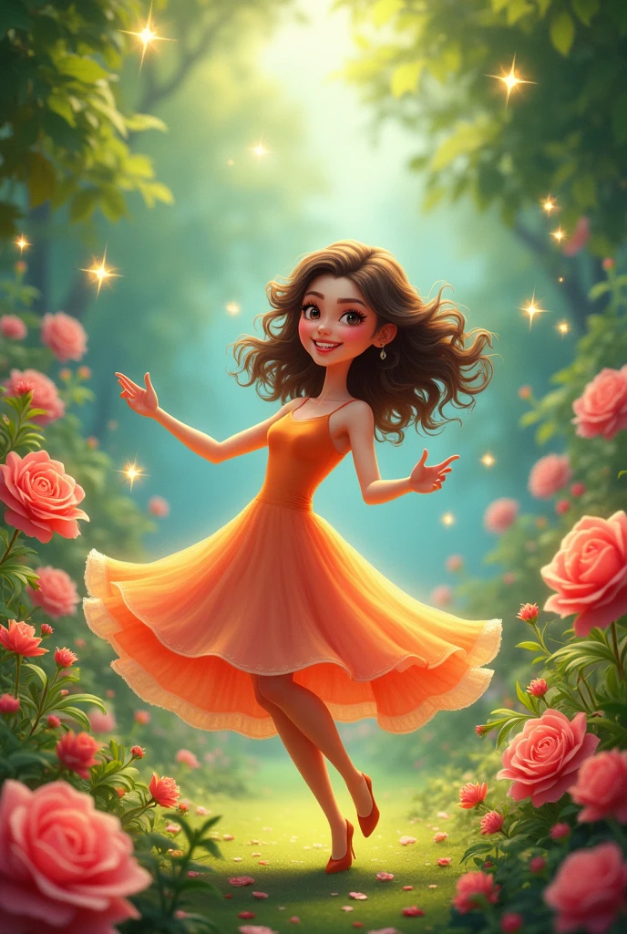 (photorealism:1.2), beautiful woman Cartoon style , dancing in big Garden, much flowers and big rise and longe star Golden 