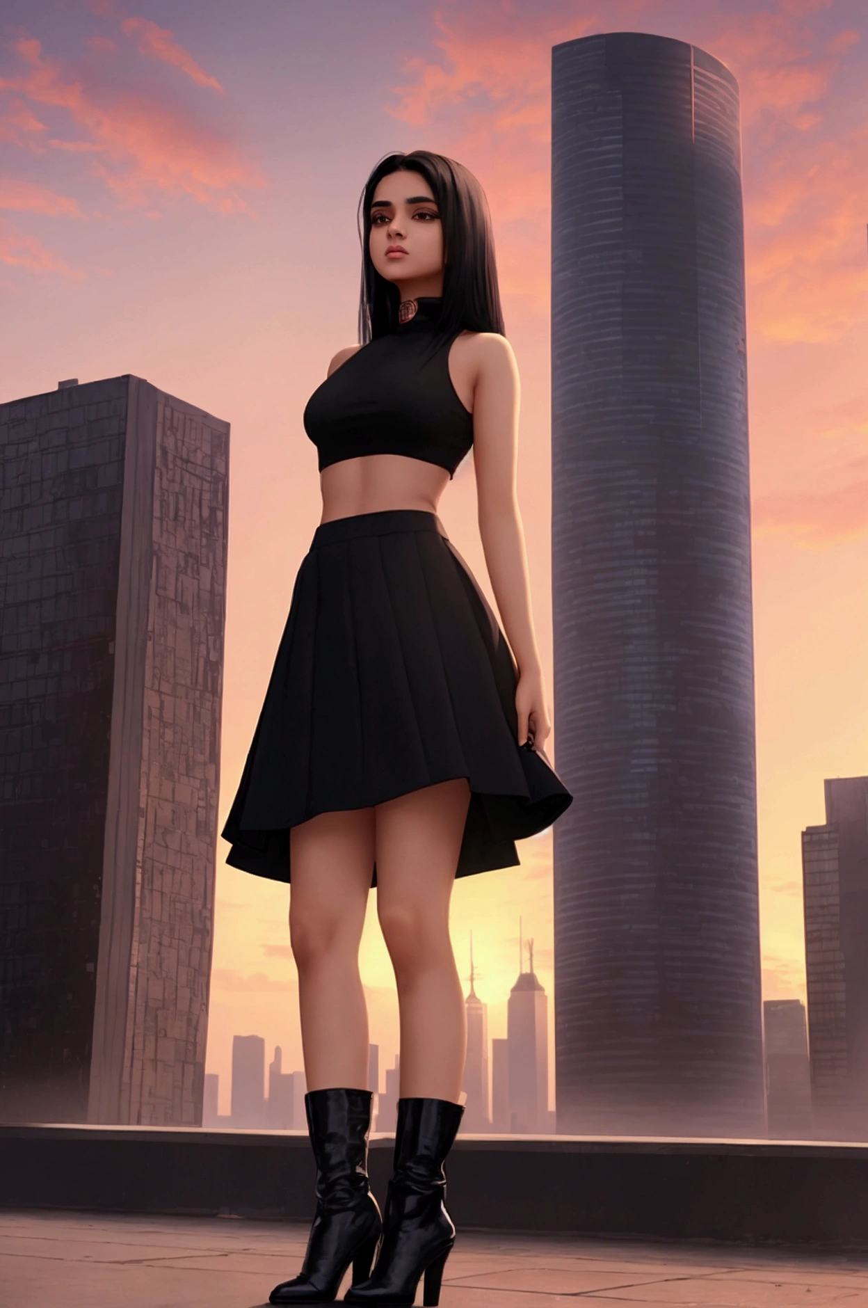a desi girl with black hair, teenage body, wearing a red top, black tight skirt, black boots, standing in an urban landscape with buildings and skyline, silhouetted against a sunrise sky with clouds, contemplative expression