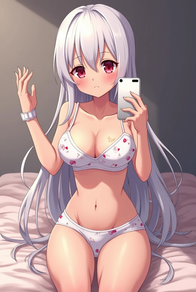 Anime girl alone facing forward, small chest, height of 155 centimeters, long straight white hair and crimson red eyes, in underwear taking a selfie with shame and her legs open sitting, a bra made of white with animal and heart prints and a wide panty made of white panty with animal and heart prints and wet in the clitoris area, in bed