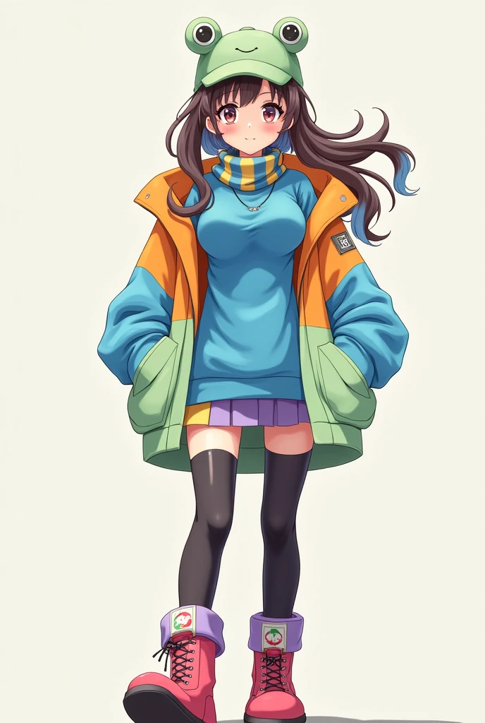 Create an anime style girl with a blue sweatshirt under a light green jacket with orange and blue sleeves, with a frog cap, short purple and yellow skirt, with a blue and red scarf, with long black and white stockings, with pastel red and dark purple boots, with hair in long pigtails half blue and half brown, with really huge breasts