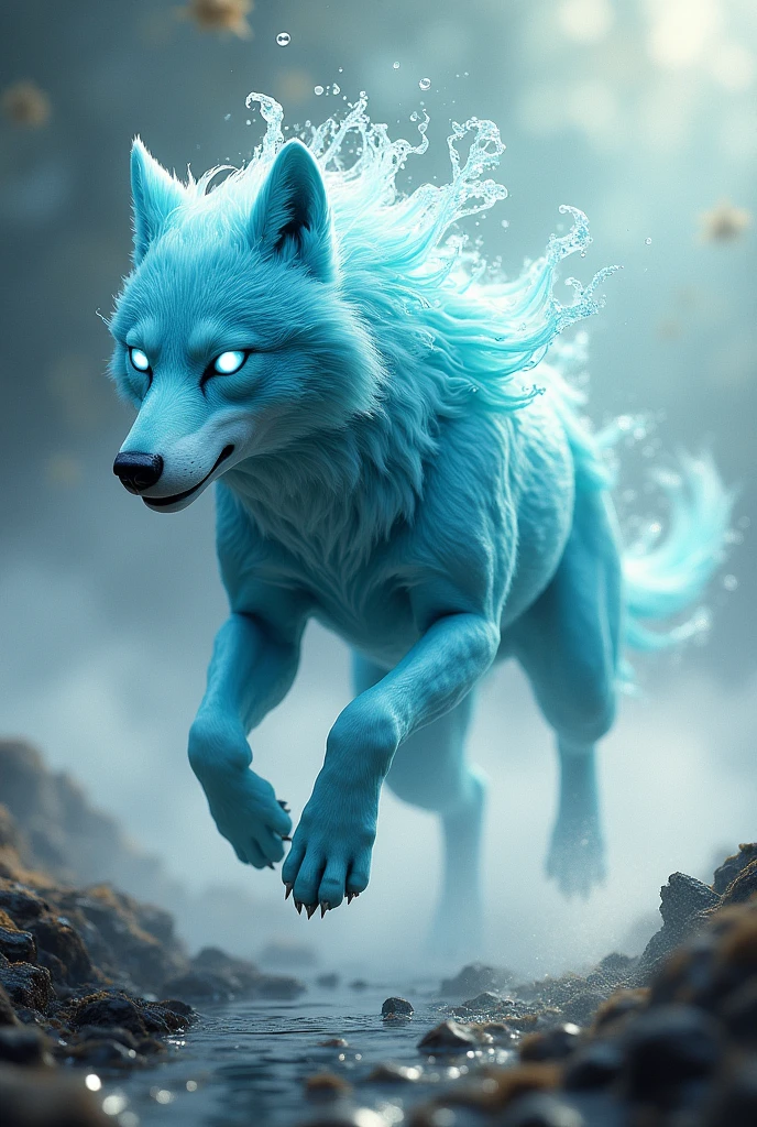 masterpiece,High resolution, (Aqua Elemental):1.2、Wolf、Sprint、From an angle、