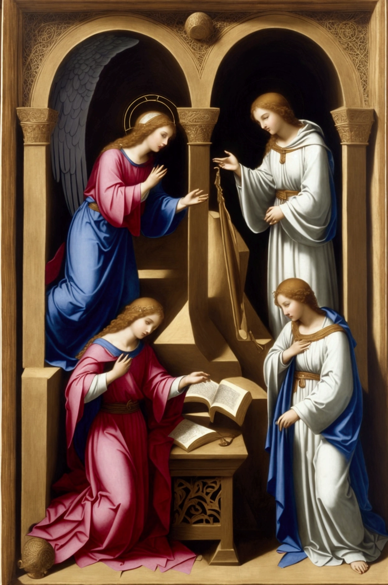 Scenes of the angel Gabriel appearing to Mary, enveloped in a soft, sacred light, followed by another scene of Gabriel talking to Daniel, with rolls of heavenly scrolls around.