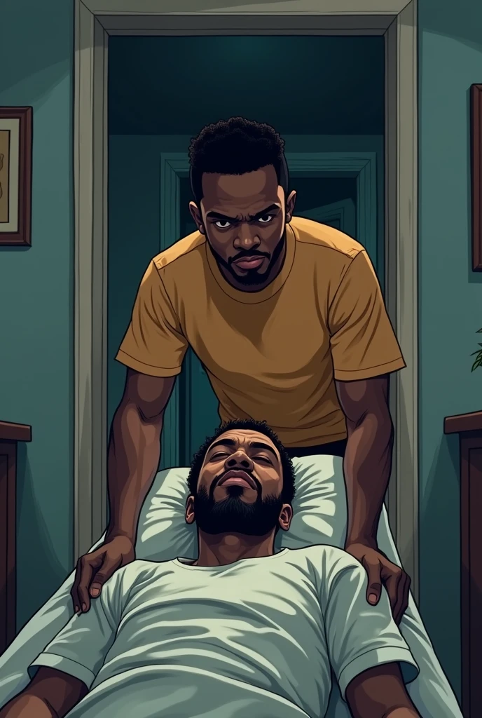 
creates a vectorized image (looking like a drawing) of a 30-year-old food delivery man who finds a 60-year-old man dead in the room. they are both black