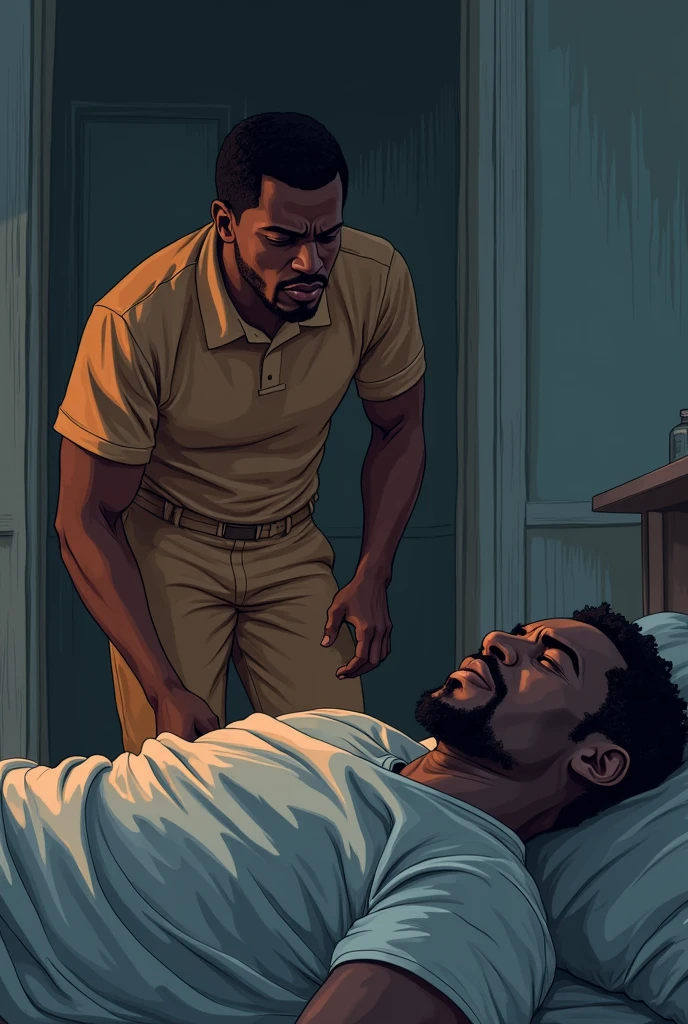 
creates a vectorized image (looking like a drawing) of a 30-year-old food delivery man who finds a 60-year-old man dead in the room. they are both black