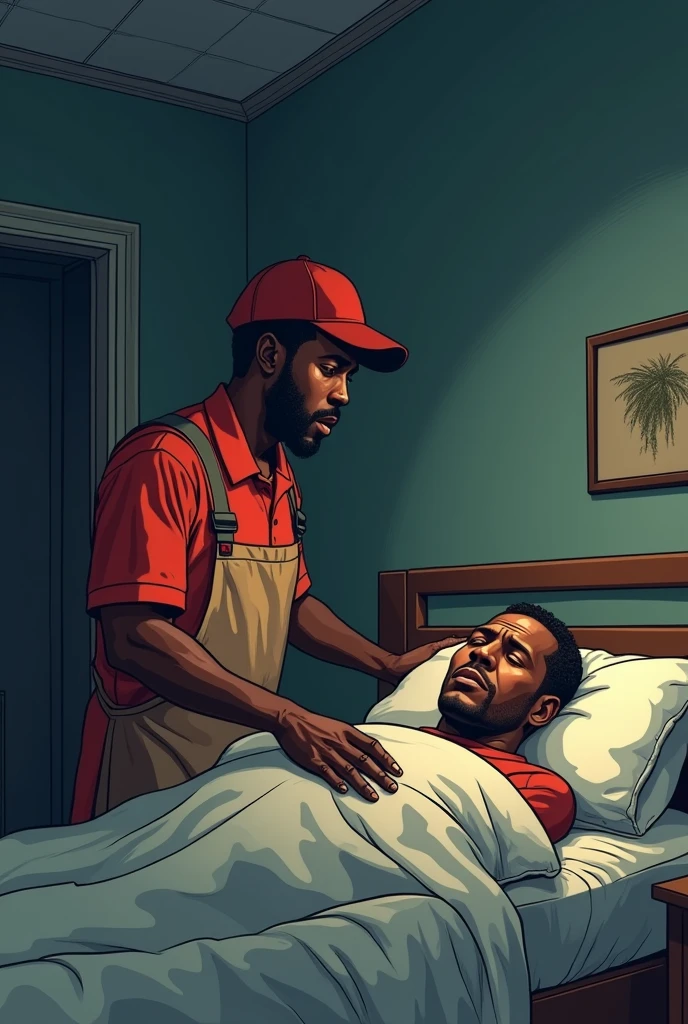 creates a vectorized image (looking like a drawing) of a 30-year-old food delivery man who finds a 60-year-old man dead in the room. they are both black