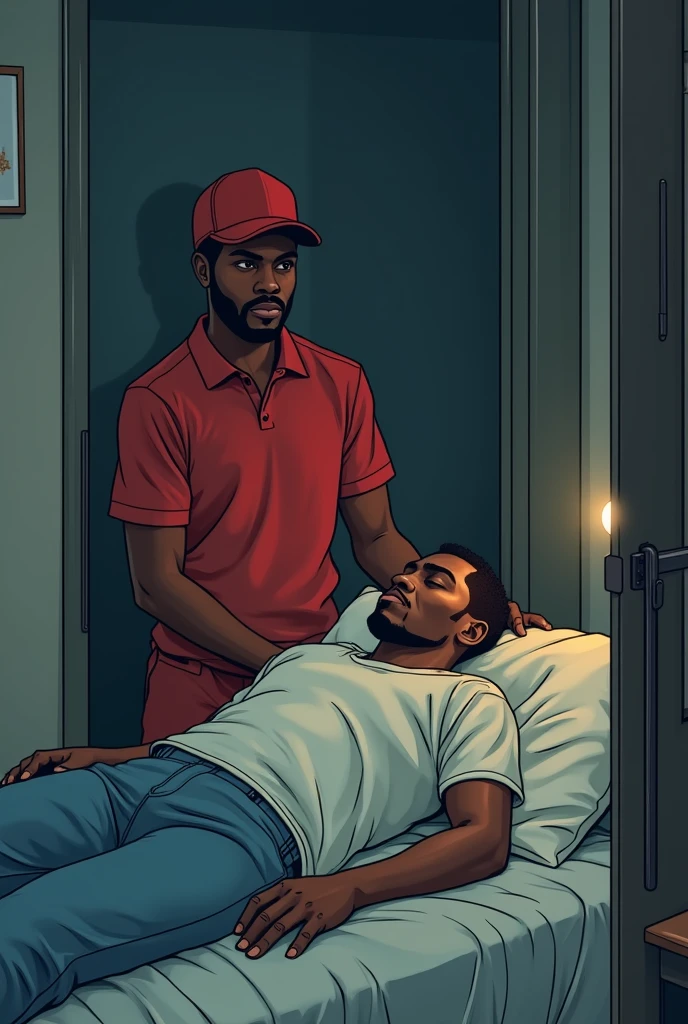 creates a vectorized image (looking like a drawing) of a 30-year-old food delivery man who finds a 60-year-old man dead in the room. they are both black