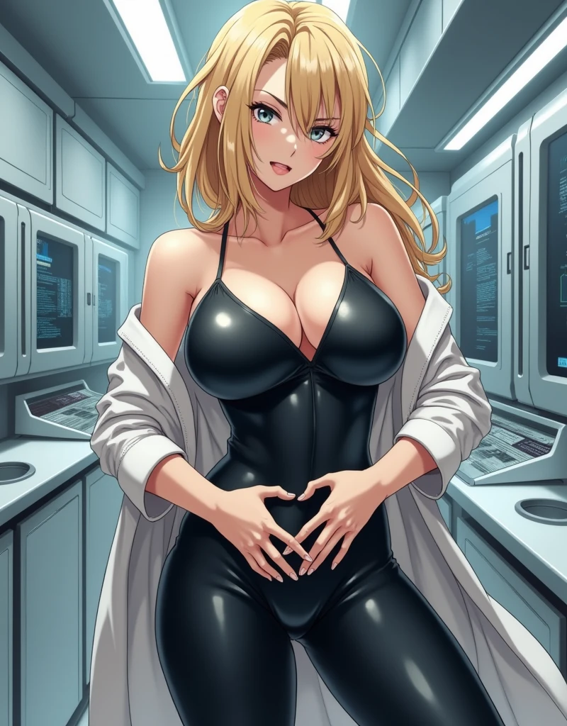 masterpiece, score_9_up, score_8_up, score_7_up, source_anime, best quality, extremely detailed, 1girl, milf, solo, BREAK kujo fumiko, (huge breasts:1.2), ((((blonde hair), long hair, gray eyes)), parter lips, (((shrug \(clothing\), cupless bra, latex bodysuit))), ((expressionless), closeds mouth), ((laboratory))