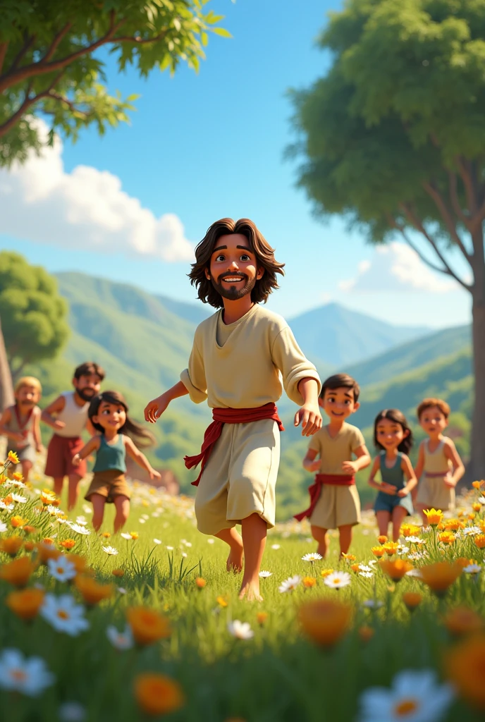 A 3D movie poster in Disney-Pixar style of Jesus as a teenager playing with his friends