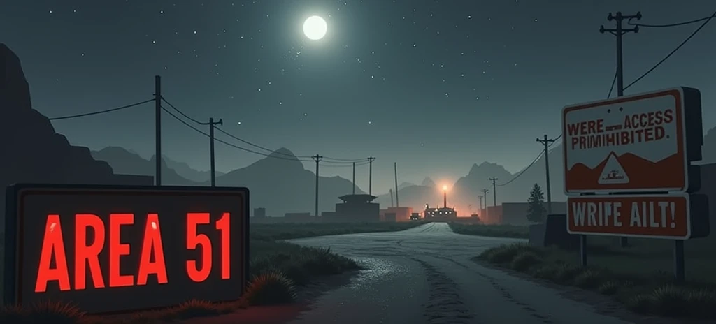 fund: A nighttime image of Area 51, with a starry sky and a soft light coming from the base, which will be partially covered by shadows. Central Element: A large Area 51 warning sign, indicating "Access Prohibited" ou "Restricted area", slightly illuminated by a mysterious light, suggesting something secret going on beyond her. Additional Detail: in the sky, signs of strange lights or a subtle silhouette of an alien ship may be included, but discreetly, leaving the mystery in the air. texto: The title of the video highlighted with a font that evokes military style or mystery, with contrasting colors, like white or yellow, to stand out against the dark background.