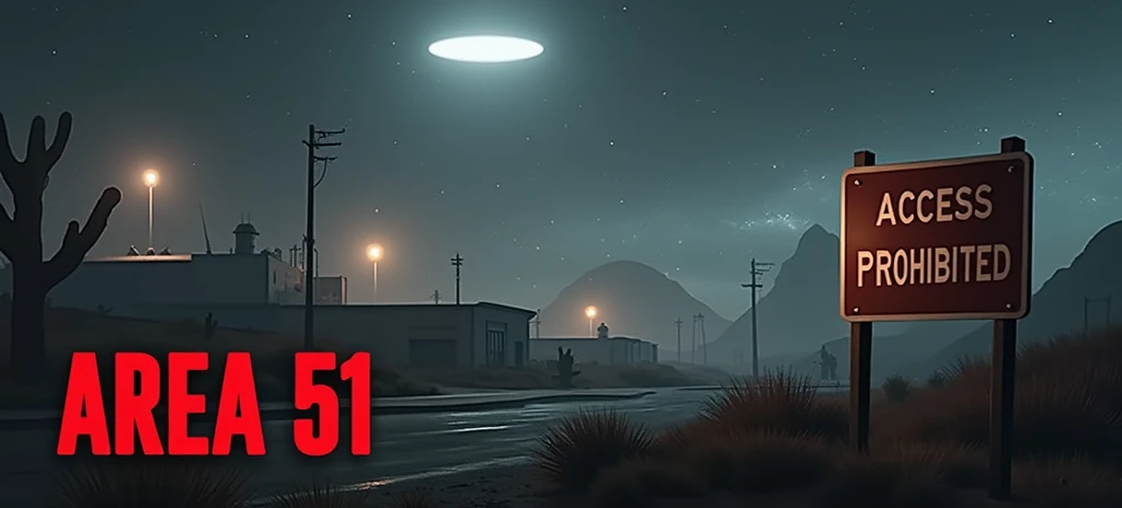 fund: A nighttime image of Area 51, with a starry sky and a soft light coming from the base, which will be partially covered by shadows. Central Element: A large Area 51 warning sign, indicating "Access Prohibited" ou "Restricted area", slightly illuminated by a mysterious light, suggesting something secret going on beyond her. Additional Detail: in the sky, signs of strange lights or a subtle silhouette of an alien ship may be included, but discreetly, leaving the mystery in the air. texto: The title of the video highlighted with a font that evokes military style or mystery, with contrasting colors, like white or yellow, to stand out against the dark background.