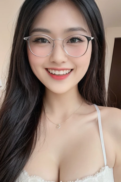 ((Top Quality, 8K, Masterpiece:1.3)), Detailed Woman:1.3,glasses,smile,(Medium long hair, gigantic Breasts:1.2), Camisole:1.1, Ultra Detailed, Detailed, Eyelids