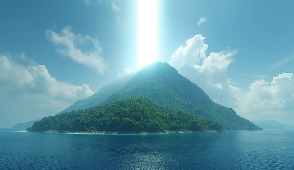 Ternate island, Maluku, Indonesia with an abstract white light on the top of the mountain that stretches straight towards the sky