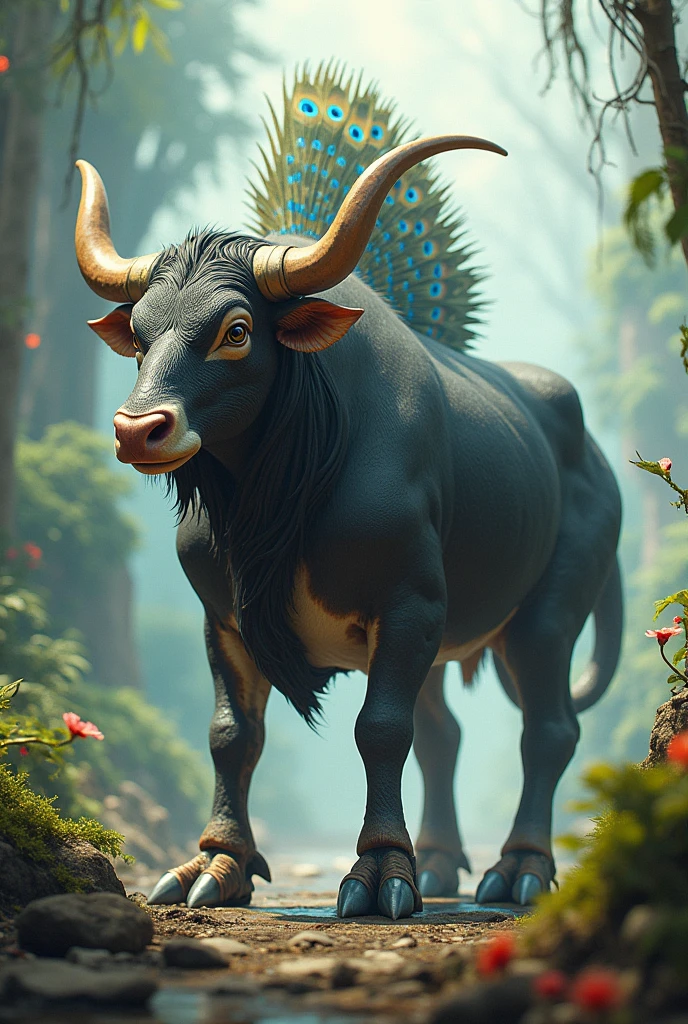 Create a fictional animal with iguana legs, penguin body, peacock tail, with an eagle&#39;s beak on a bull&#39;s head