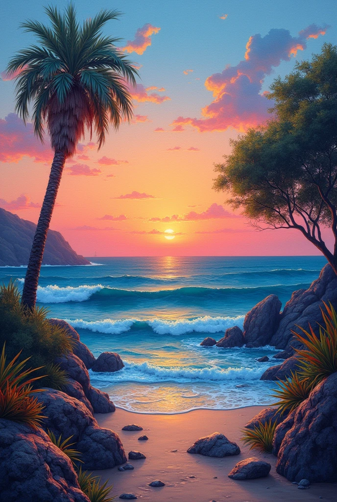a beautiful painting, roman art style, easy to draw, easy to paint, very nice color harmony, without people, outdoor scenery, like sunsets or ocean views