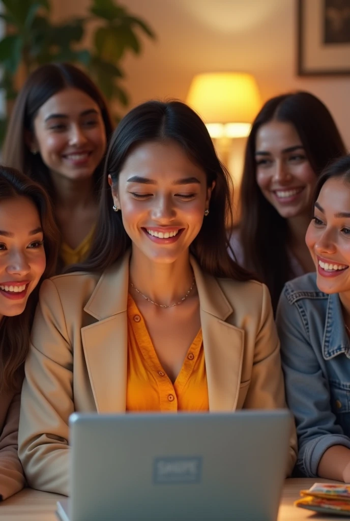 Create the image of a woman with a shopee blouse and a beige blazer, smiling at computer shopping online with 3 friends looking at computer