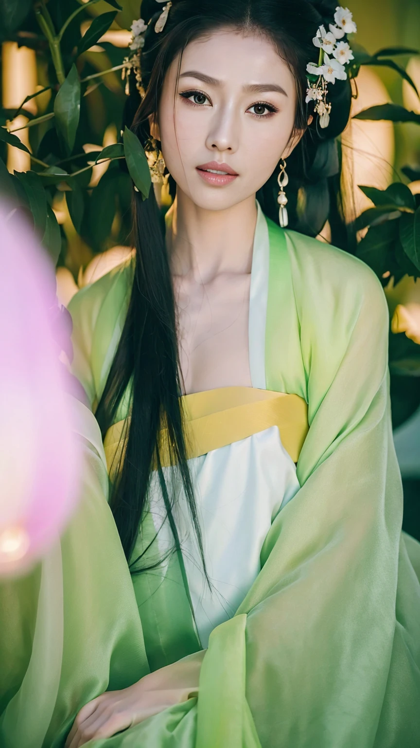 1 Fashion Model [[[[close up]]]], [[[[neck]]]], [[[[Shoulder]]]], (((Complete head)))，(((Complete hairstyle)))，Perfect eyes, Perfect Iris，Perfect lips，Perfect Teeth，Perfect skin，White skin，Soft headlights，High-density imaging，Black long hair，（Clean and delicate face），((Green Hanfu))，((Half-length photo))，((night))，((Chinese Lanterns))，((Various dynamic poses))，((The background is the bedroom))，best quality，masterpiece，（Soft colors：1.2）